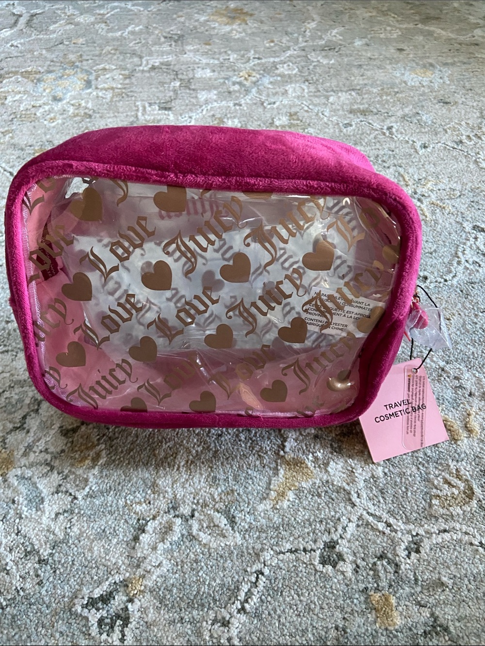 Juicy Couture Pink Clear Heart Travel Cosmetic Bag with Gold Print
